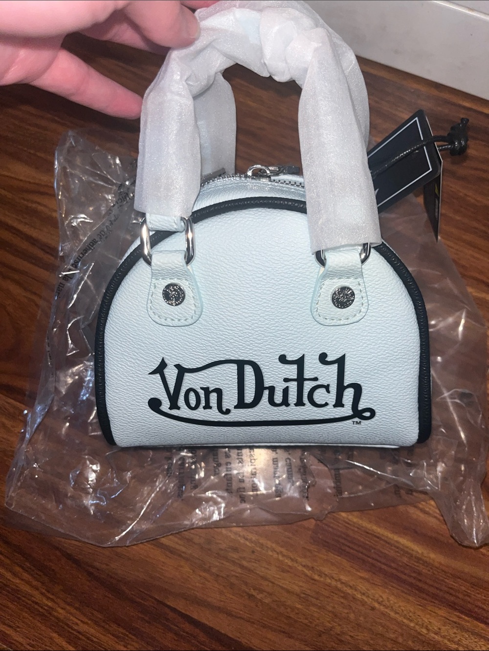 Von Dutch Light Blue Mini Dome Satchel with Black Logo NWT